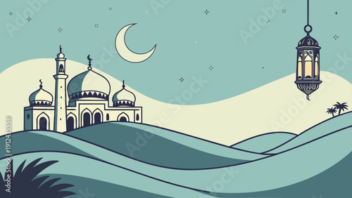Serene Minimalist Illustration of a Mosque Under a Crescent Moon Capturing a Tranquil Mood for Islamic Holidays