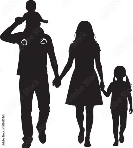 Black silhouette family of four holding hands with child on shoulders