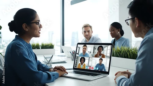 Group of business professionals in a meeting with a laptop displaying a video conference call in a modern office with natural light.