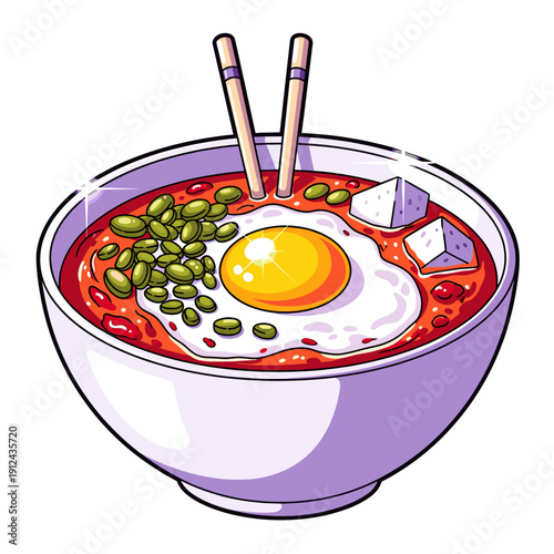 Pixel Art Style Bowl of Ramen Noodles with Fried Egg and Tofu
