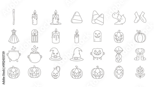 Collection of Halloween Themed Doodle Icons in Line Art Style for Graphic Resources.