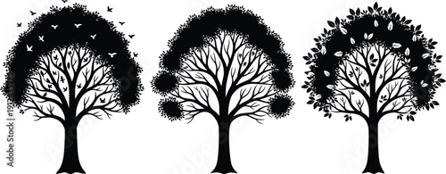 Stylized tree silhouettes, birds, leaves, topiary, nature design, artistic black trees, wildlife theme, decorative forest icons, eco concept, vector illustration
