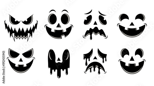 Set of Halloween pumpkin face silhouettes for spooky graphics and icons.