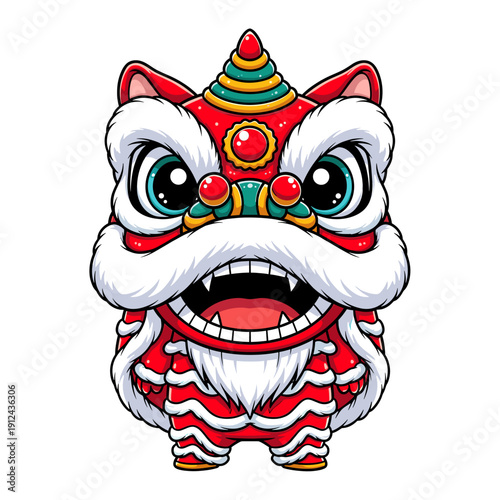 Pixel Art Chinese Lion Dance Costume with Red White and Gold Colors in Festive Celebration