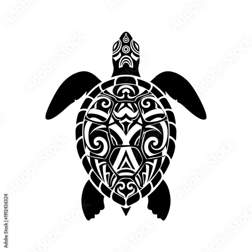 Tribal Sea Turtle Silhouette with Intricate Patterns and Swirls on White Background