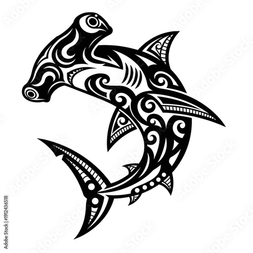 Tribal Hammerhead Shark Tattoo Design Black and White