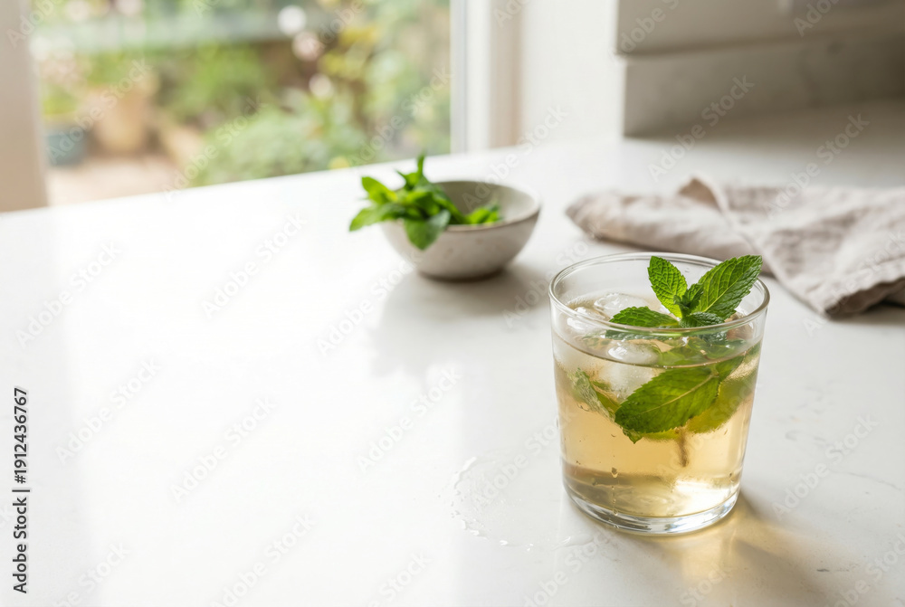 Fototapeta premium Refreshing Iced Tea With Fresh Mint Leaves On White Counter