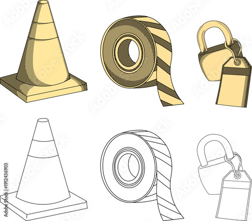Hand-drawn set of safety symbols: traffic cone, hazard tape, and LOTO padlock. Classic engraving style, perfect for industrial manuals and heritage branding.