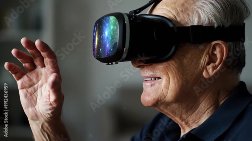 Close-up of an elderly man wearing virtual reality goggles and gesturing with his hand in a blurred indoor setting with a dark and futuristic mood.
