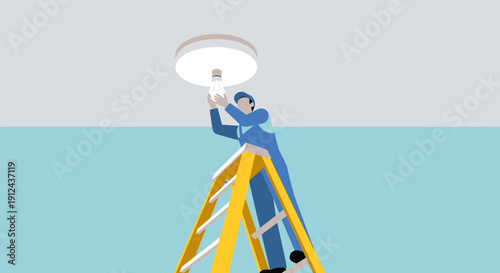 Electrician installing light bulb on ceiling using ladder, professional service concept