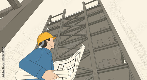 Engineer with blueprint at construction site, looking up at building structure