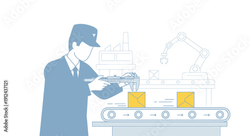 Factory worker measures product on conveyor belt, robotic arm in background