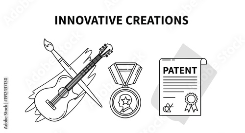 Innovative Creations: Guitar, Art Brush, Medal, Patent Document - Concept Art