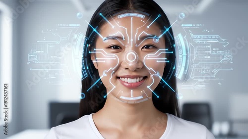 Close-up portrait of a smiling young Asian woman with facial recognition graphics overlaid on her face in a modern office setting with a technological feel.
