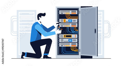 IT Technician Working on Server Rack with Tools, Data Center Concept