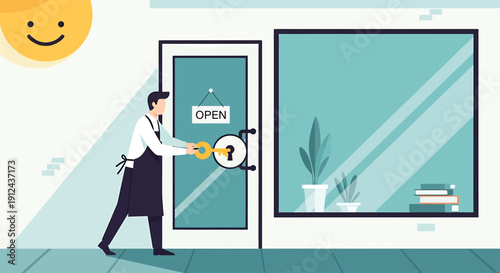 Man unlocking shop door to open for business, smiling sun above