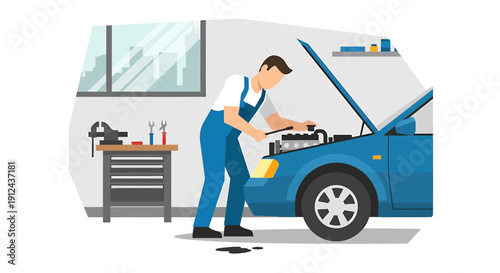 Mechanic working on car engine in garage with tools and equipment