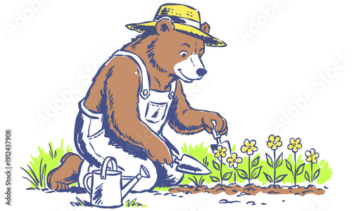 Vintage Bear Gardener Illustration. Cute animal character planting yellow flowers with a trowel and watering can.