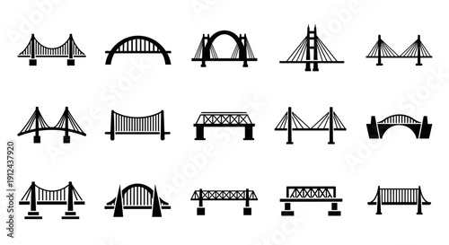 Collection of Diverse Bridge Silhouettes and Architectural Structures.