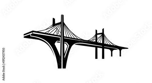 Silhouette of a Suspension Bridge Over a River with Towers and Cables, an Urban Infrastructure Illustration.