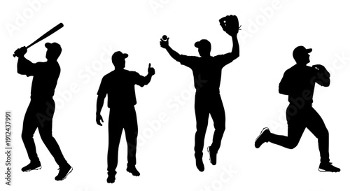 Silhouettes of four people dancing and celebrating in energetic motion across a white background.