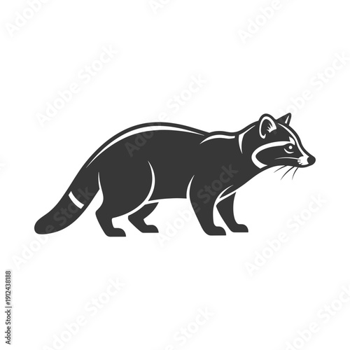 A Black Silhouette of a Raccoon Standing on a White Background Facing Right