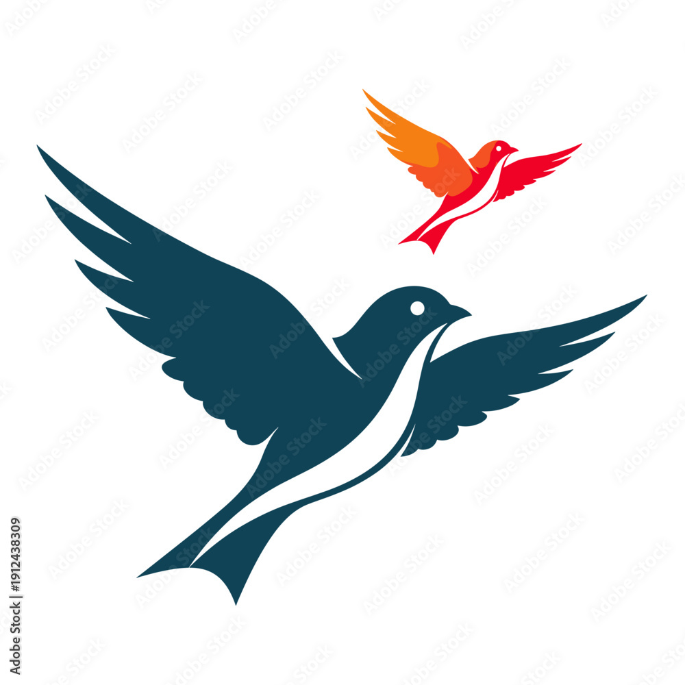 Obraz premium Two Stylized Birds Flying Silhouette in Teal and Orange Colors on White