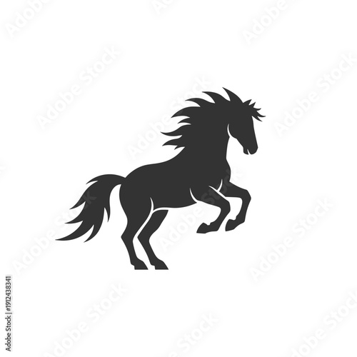 Silhouette of a Rearing Horse with Flowing Mane and Tail on White Background