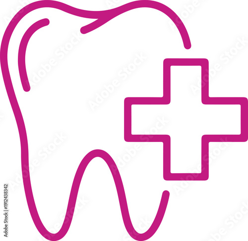 Black and white line art icon representing a tooth with a medical cross for dental care isolated on white background, illustration