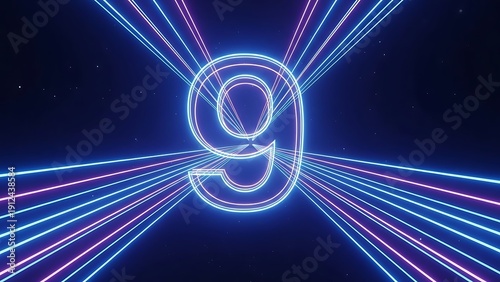 Neon number nine illuminated with light rays