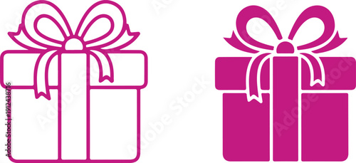 Two gift box icons showing an outline and a solid silhouette version with ribbons and bows. isolated on white background, illustration