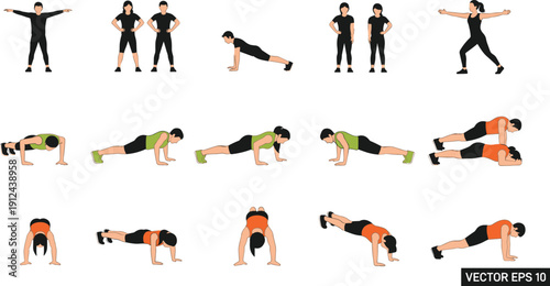 CAD Drawing Flat Vector Illustration of Push-Up Exercise Variations with Partner Workouts, Staggered Hands, Elevated Feet, Stretching Poses, Fitness Training Concept Artwork