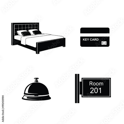 Hotel room elements illustration featuring bed, key card, room sign, and food cloche in a simple graphic style
