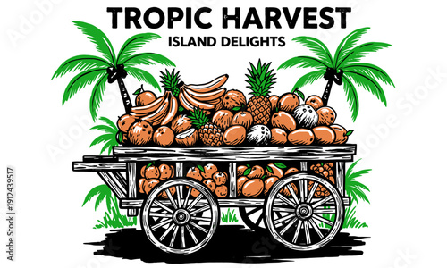 Tropical Harvest Island Delights. Food club artwork for t shirt print, poster, sticker. Banana, Pineapple, Coconut vector design