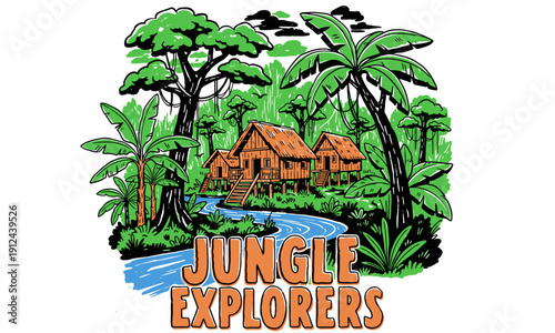 Jungle Explorers artwork. Summer Adventure graphic for t shirt print, poster, sticker, and others. Tropical stilt huts vintage design. Jungle club. Go