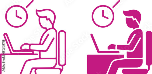 Illustration of a person working on a laptop at a desk with a clock indicating time management. isolated on white background, illustration