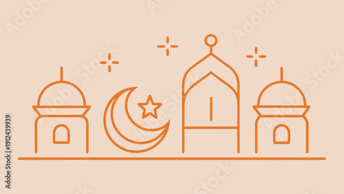 A beautiful and serene minimalist illustration showing a stylized mosque with crescent moon and star symbol creating a peaceful and festive atmosphere for Islamic holidays like Ramadan and Eid al-Fitr