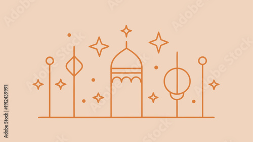 A Serene Minimalist Line Art Illustration of Festive Islamic Architecture with Lanterns and Sparkles on a Warm Background