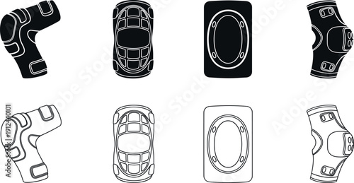 Set of car tire and wheel silhouettes in solid and outline styles showing side, top, and angled views