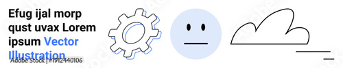 Productivity, emotional states, technology, weather, communication, placeholders. Minimalist gear, neutral face and cloud with text. Productivity and emotional states concept