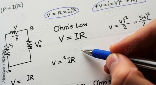 Close-up of Ohms Law equations and circuit diagram.