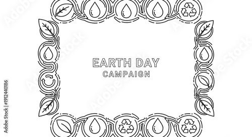 Earth Day Campaign Frame: Recycling, Water Drops, Leaves, Smile Face Icons