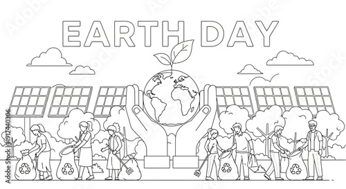 Earth Day Celebration: Hands Holding Globe, People Cleaning, Solar Panels, Eco Concept