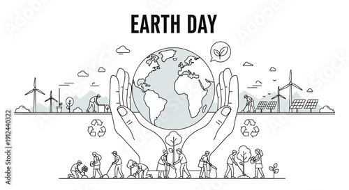 Earth Day Celebration: Hands Holding Globe, People Planting Trees, Renewable Energy