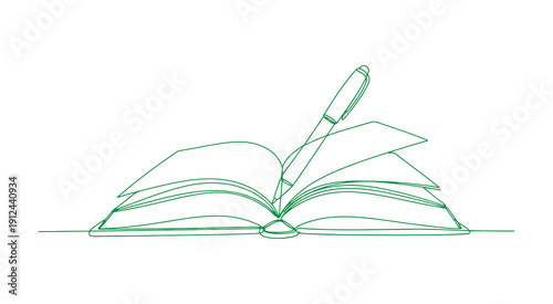 One flowing line depicts a book and a pen. It represents education, study, and library concepts in a clean linear style. The stroke can be edited. Doodle vector illustration.