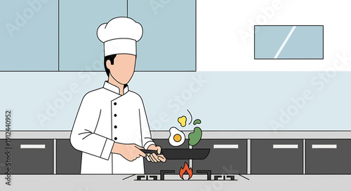 Chef Cooking Breakfast Food in Kitchen on Gas Stove