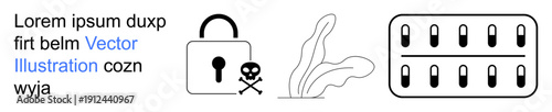 Cybersecurity, data protection, online safety, threats, malware awareness, technology. A padlock with a skull symbol, plant design and server hardware icons. Cybersecurity and data protection