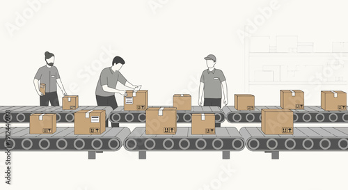 Factory workers on conveyor belts packing cardboard boxes, industrial production line