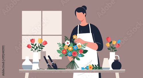 Florist Arranging Bouquet of Colorful Flowers, Small Business Owner at Work