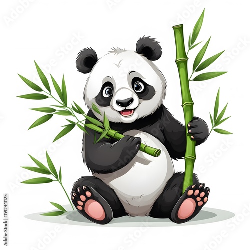 Cartoon panda eating bamboo isolated on white background